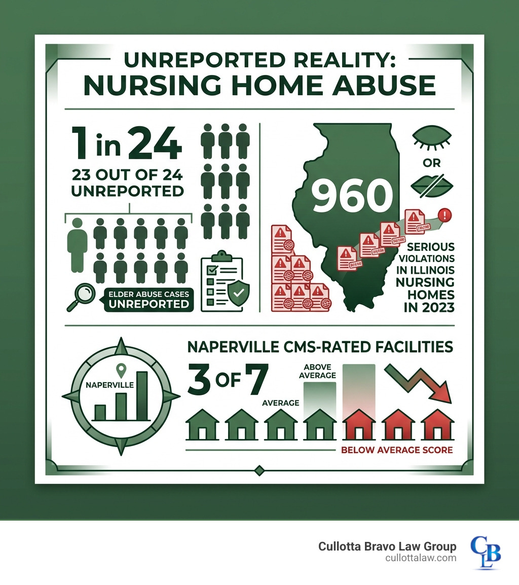 Infographic: 23 out of 24 elder abuse cases go unreported; 960 serious violations in Illinois nursing homes in 2023; 3 of 7