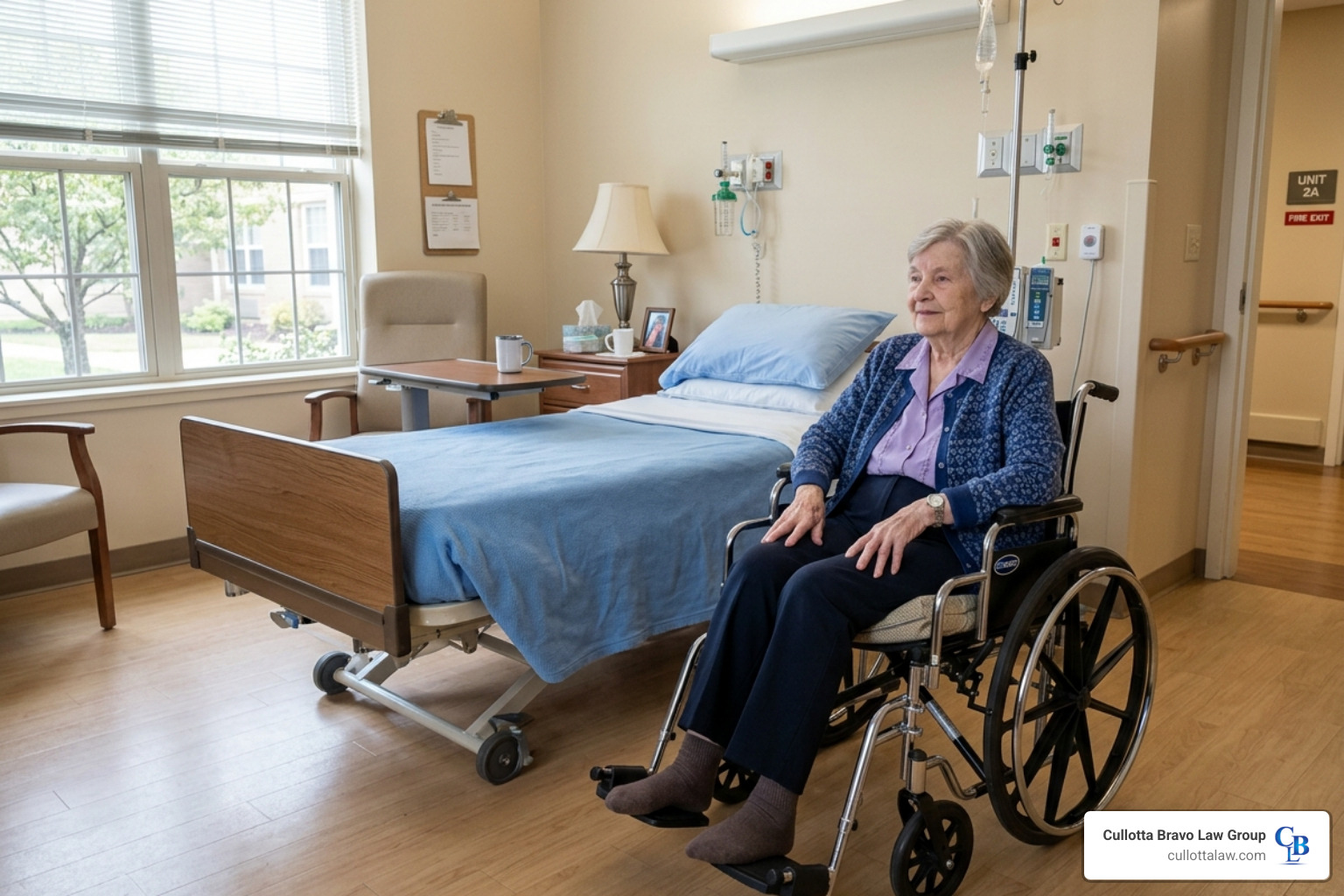 Clinical nursing home setting showing a resident in a wheelchair - nursing home abuse lawyer naperville