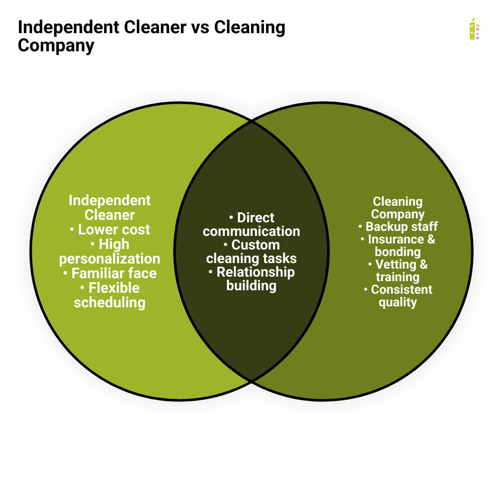 Quick comparison infographic: independent cleaner vs cleaning company across cost, reliability, insurance, and vetting Quick comparison infographic: independent cleaner vs cleaning company across cost, reliability, insurance, and vetting