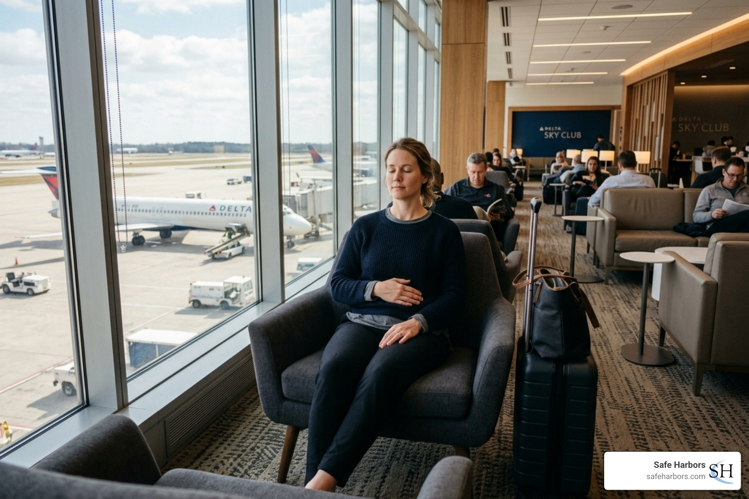 A traveler sitting quietly in a modern airport lounge practicing mindfulness - traveler well being