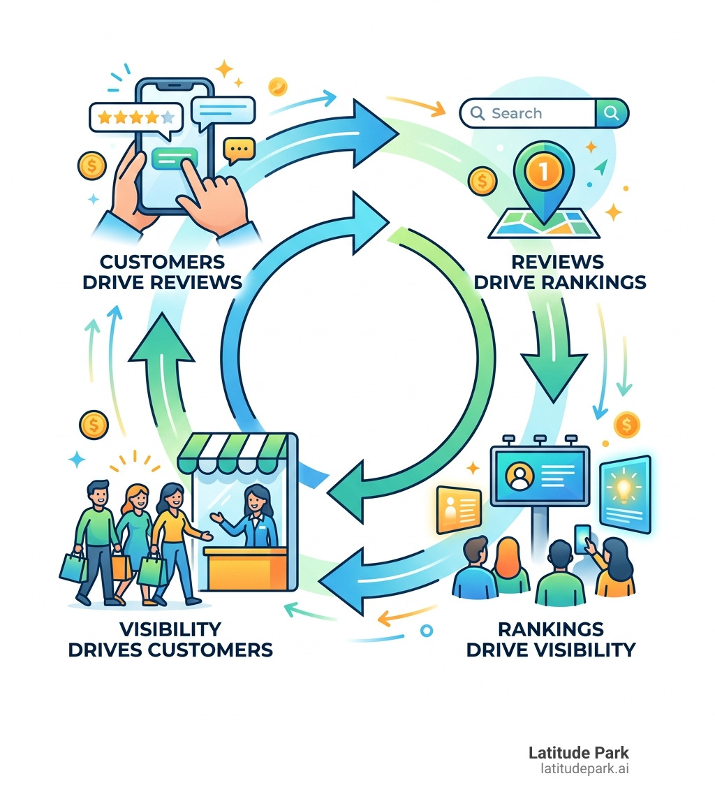 Local reputation management growth loop infographic: reviews drive rankings, rankings drive visibility, visibility drives Local reputation management growth loop infographic: reviews drive rankings, rankings drive visibility, visibility drives