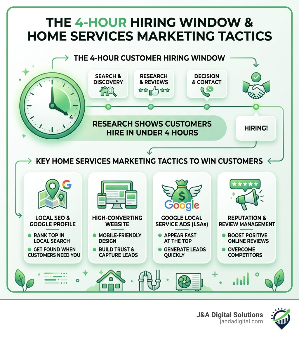 Infographic showing the 4-hour customer hiring window and key home services marketing tactics - home services marketing