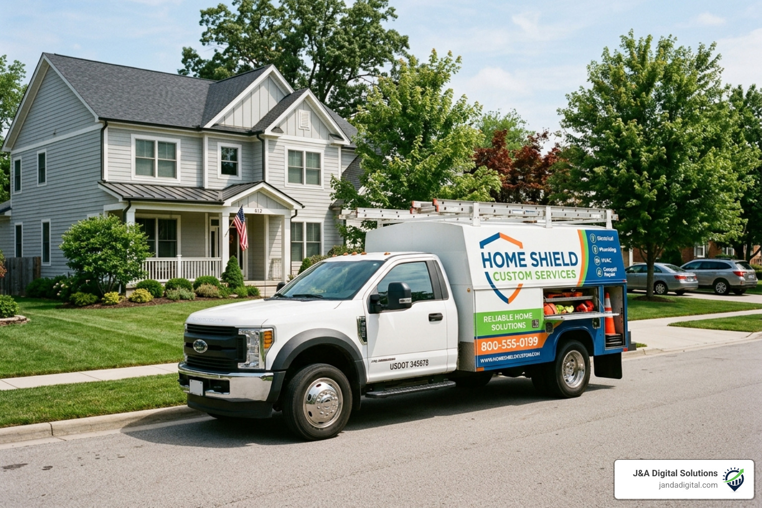 Service truck with custom branding parked in a residential neighborhood - home services marketing agency