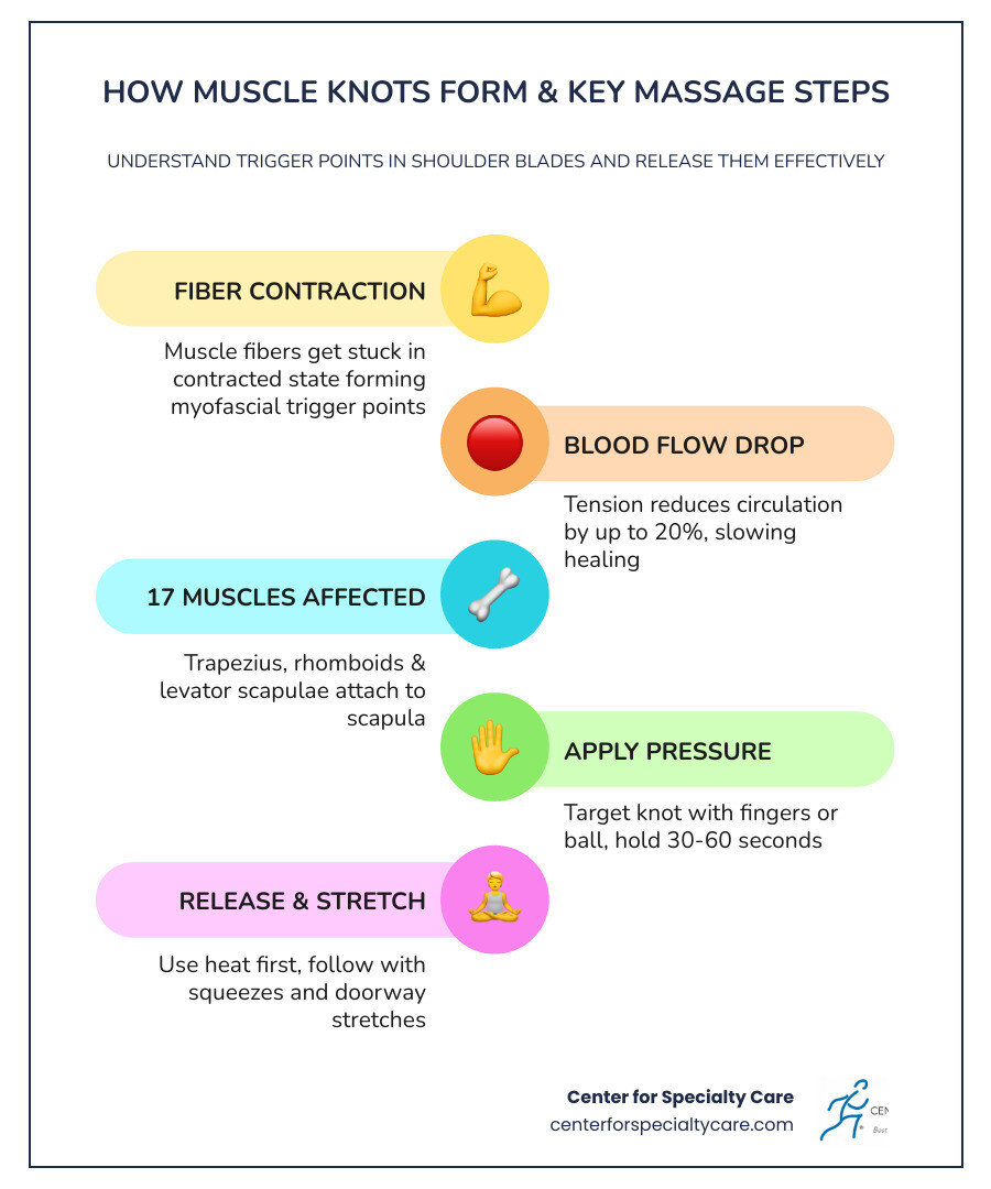 Infographic showing how muscle fibers contract into trigger points in the shoulder blade area and key massage steps for