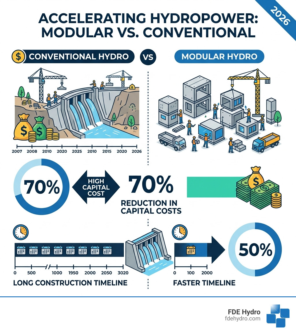 Infographic showing the 70% reduction in capital costs and 50% faster timeline of modular vs. conventional hydro Infographic showing the 70% reduction in capital costs and 50% faster timeline of modular vs. conventional hydro
