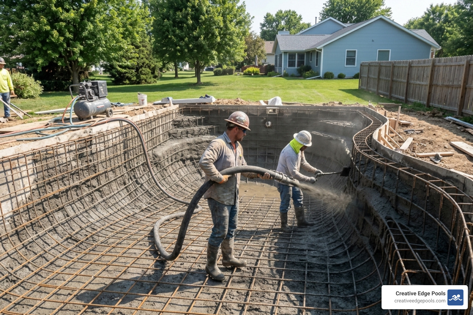 gunite being sprayed over a rebar frame - changing vinyl pool to concrete gunite being sprayed over a rebar frame - changing vinyl pool to concrete