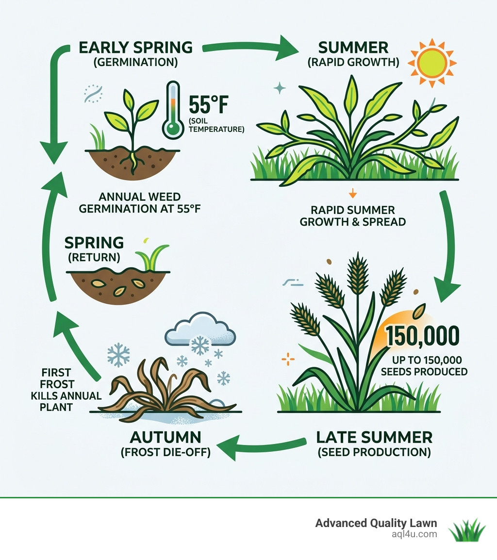Crabgrass life cycle infographic: annual weed germination at 55°F, summer growth, seed production up to 150,000 seeds, frost Crabgrass life cycle infographic: annual weed germination at 55°F, summer growth, seed production up to 150,000 seeds, frost
