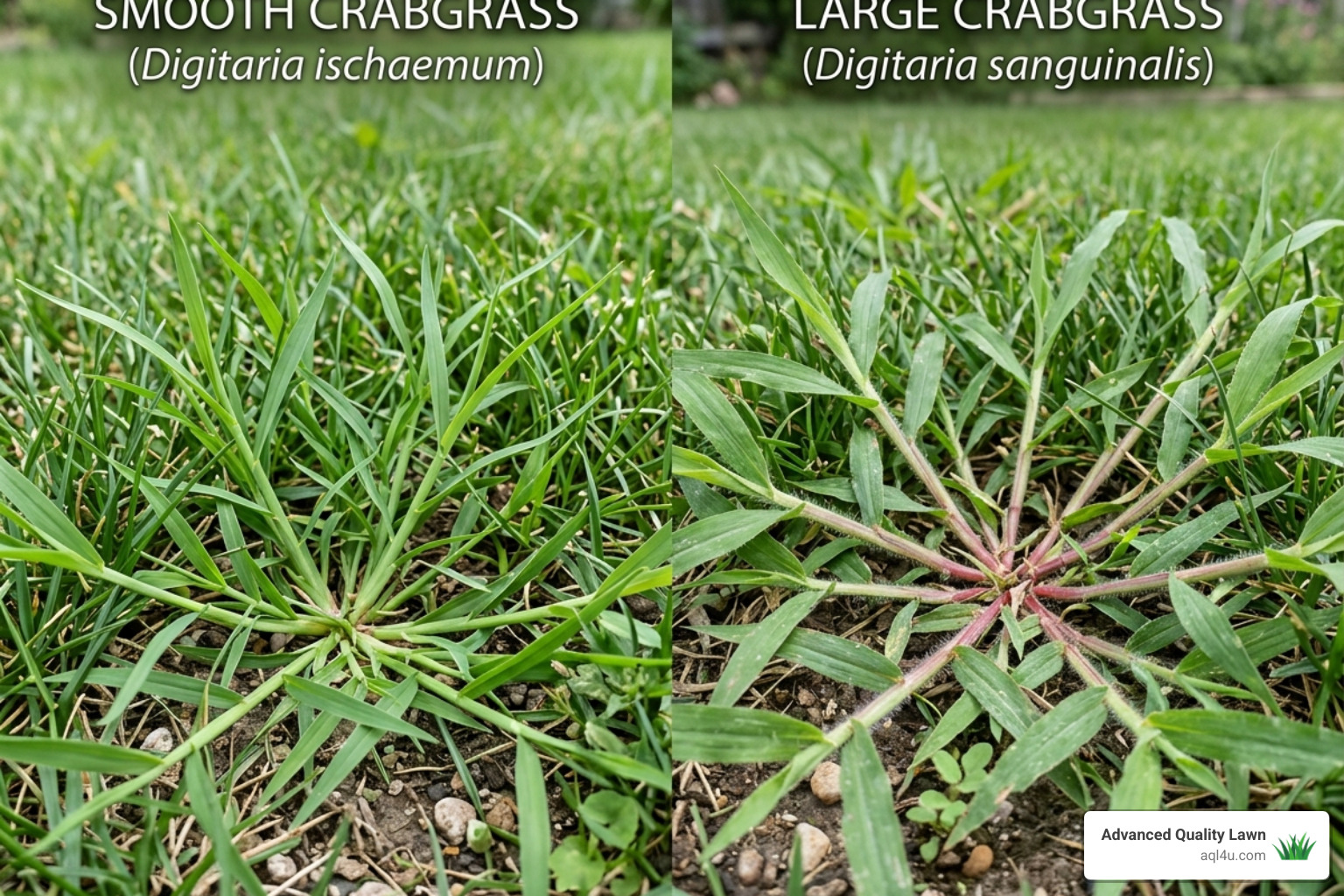 Smooth vs Large Crabgrass leaves and growth patterns: best way to rid crabgrass Smooth vs Large Crabgrass leaves and growth patterns: best way to rid crabgrass
