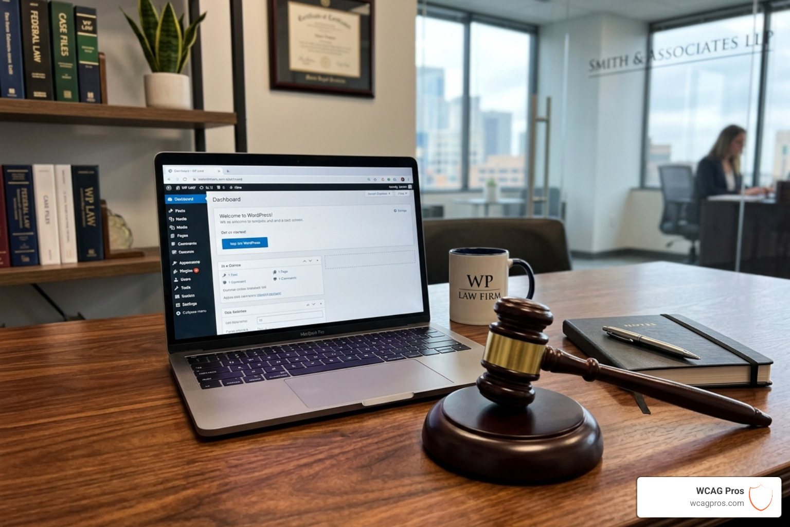 A legal gavel resting next to a laptop displaying a WordPress dashboard - WordPress ADA compliance consultant A legal gavel resting next to a laptop displaying a WordPress dashboard - WordPress ADA compliance consultant