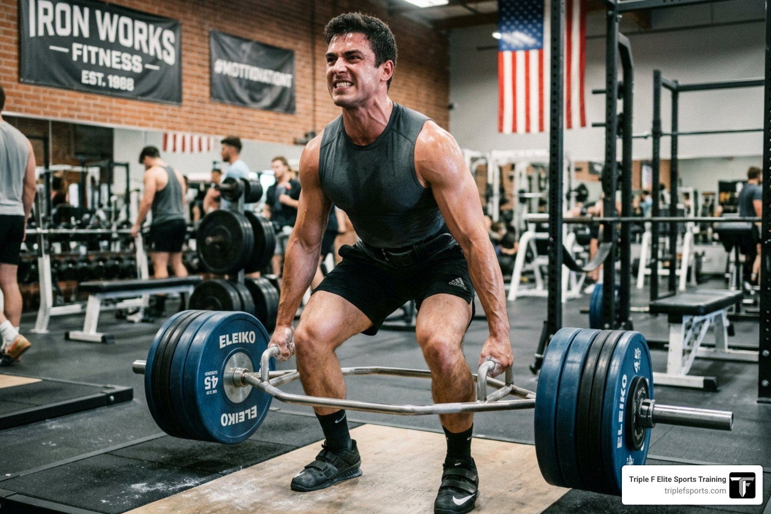 Athlete performing a heavy trap bar deadlift for maximum power output - Football strength program Athlete performing a heavy trap bar deadlift for maximum power output - Football strength program