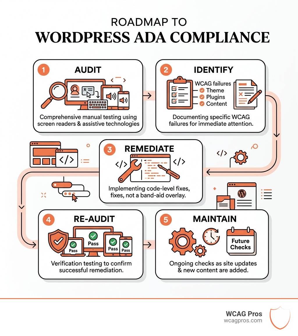 Roadmap infographic showing 5 steps to WordPress ADA compliance: audit, identify, remediate, re-audit, maintain - WordPress Roadmap infographic showing 5 steps to WordPress ADA compliance: audit, identify, remediate, re-audit, maintain - WordPress