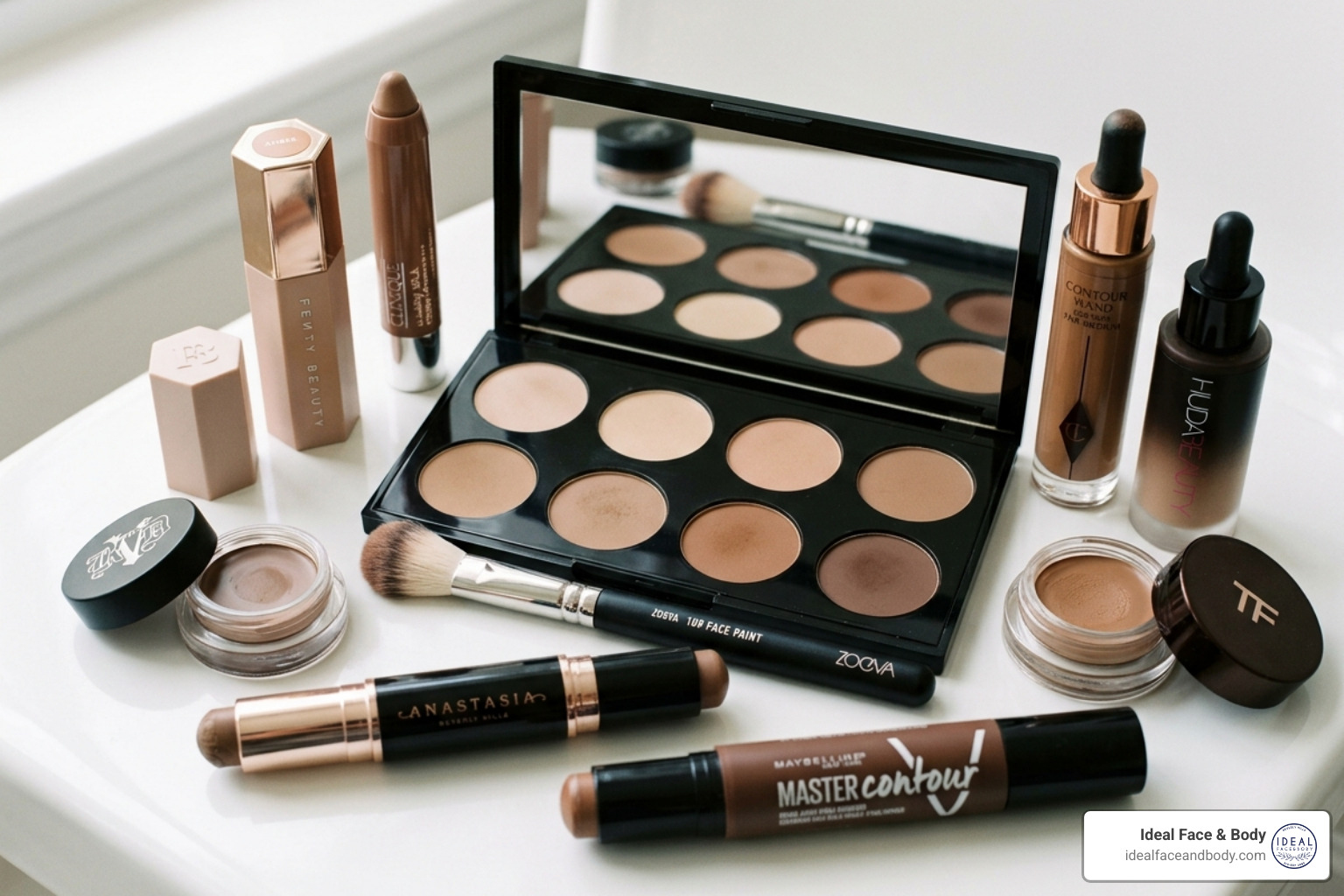 Various cream, powder, and liquid contouring products displayed together - contouring Various cream, powder, and liquid contouring products displayed together - contouring