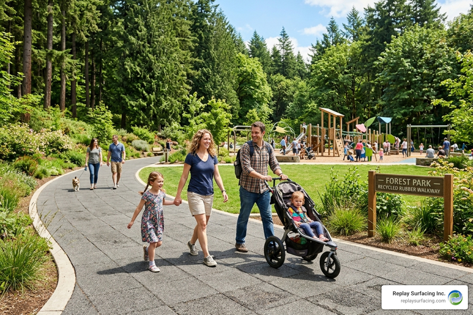 Durable recycled rubber walkway in a community park - sustainable playground surfaces Beaverton Durable recycled rubber walkway in a community park - sustainable playground surfaces Beaverton