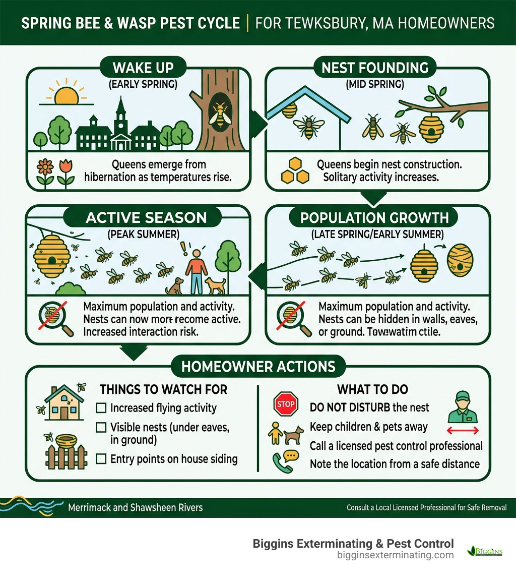 Spring bee and wasp pest cycle infographic for Tewksbury MA homeowners - bee removal Tewksbury MA infographic Spring bee and wasp pest cycle infographic for Tewksbury MA homeowners - bee removal Tewksbury MA infographic