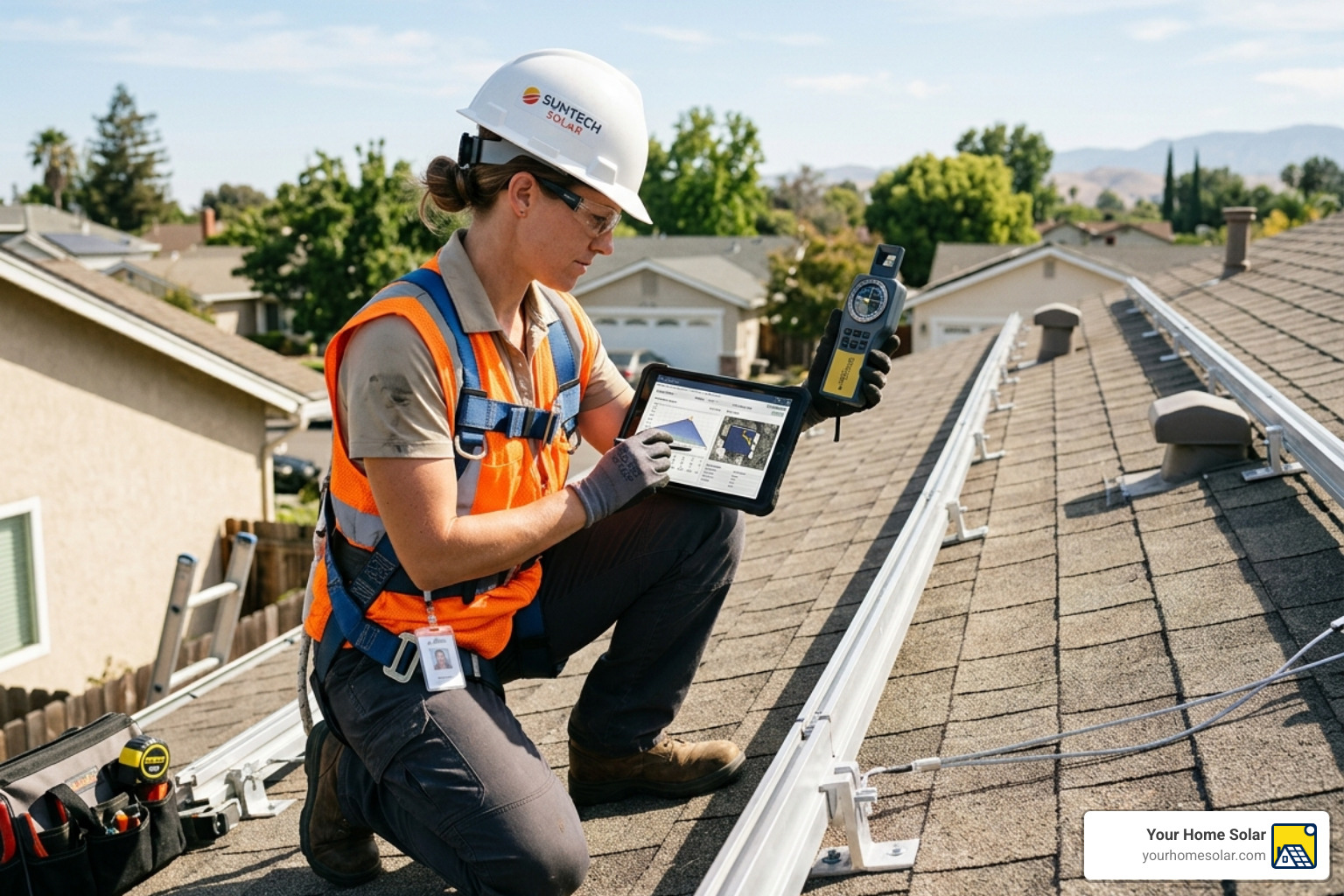 Technician performing a roof shading analysis - solar energy installation for home Technician performing a roof shading analysis - solar energy installation for home