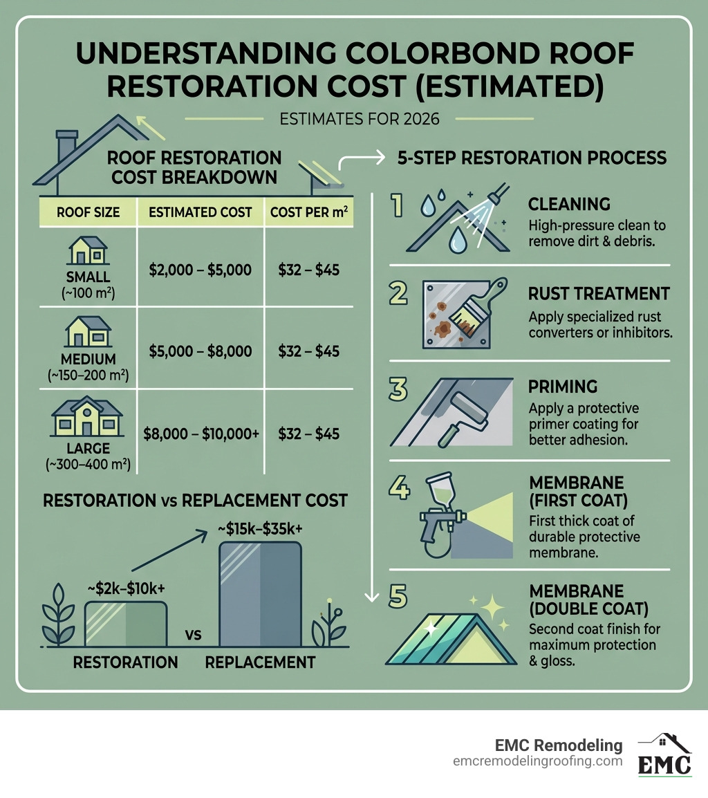 Infographic showing Colorbond roof restoration cost breakdown by roof size, cost per m2, and 5-step restoration process