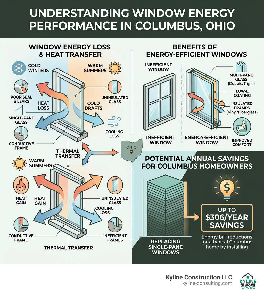 Infographic showing window energy loss, heat transfer, and annual savings for Columbus Ohio homeowners - home window