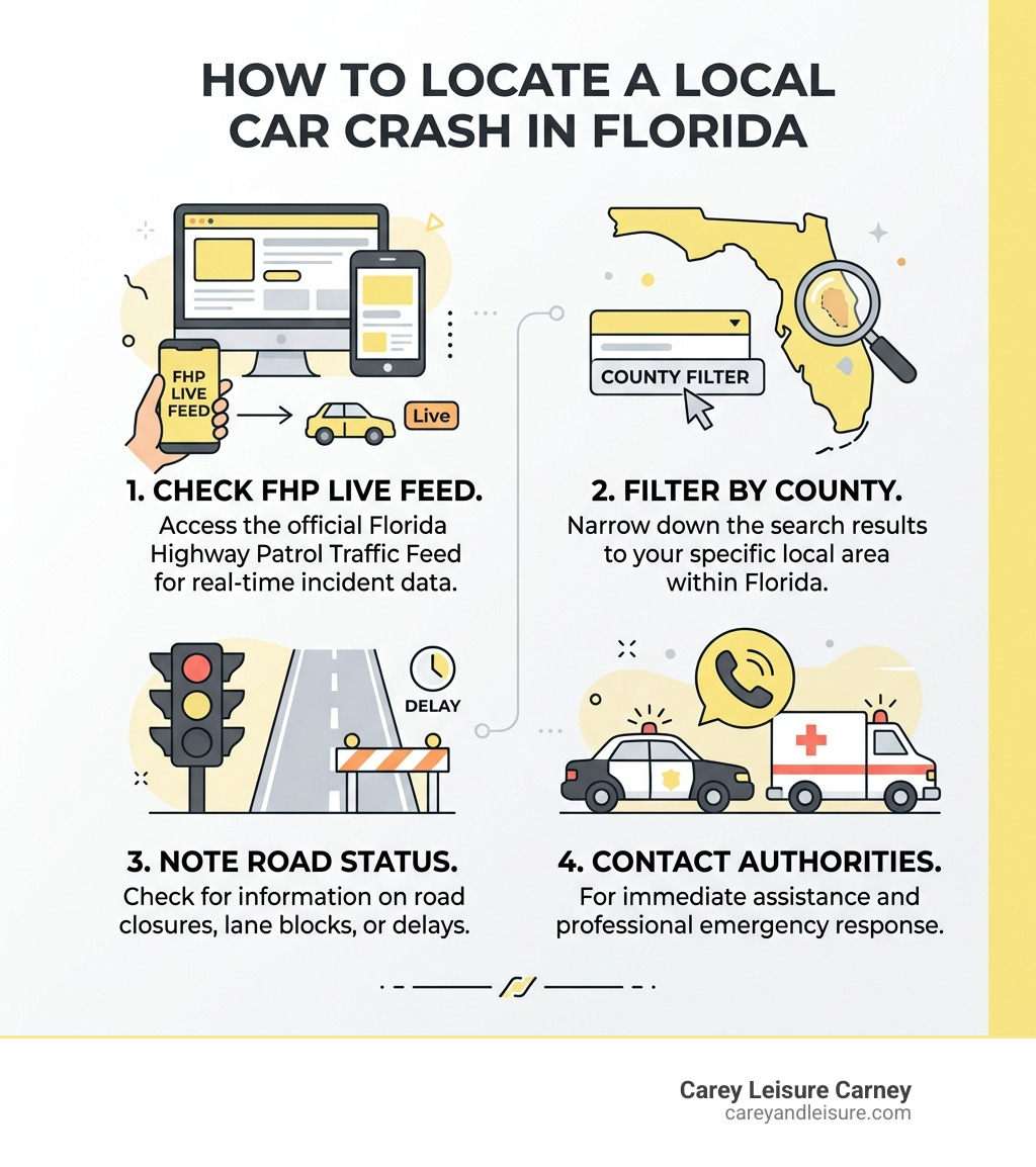 Infographic showing steps to locate a local car crash: check FHP live feed, filter by county, note road status, and contact