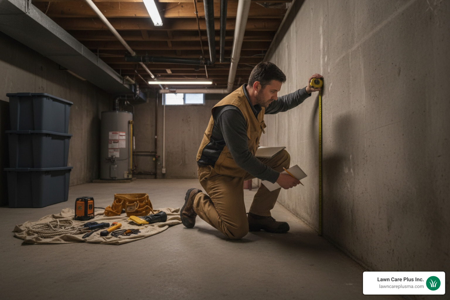contractor measuring a basement perimeter for waterproofing estimate - basement waterproofing cost