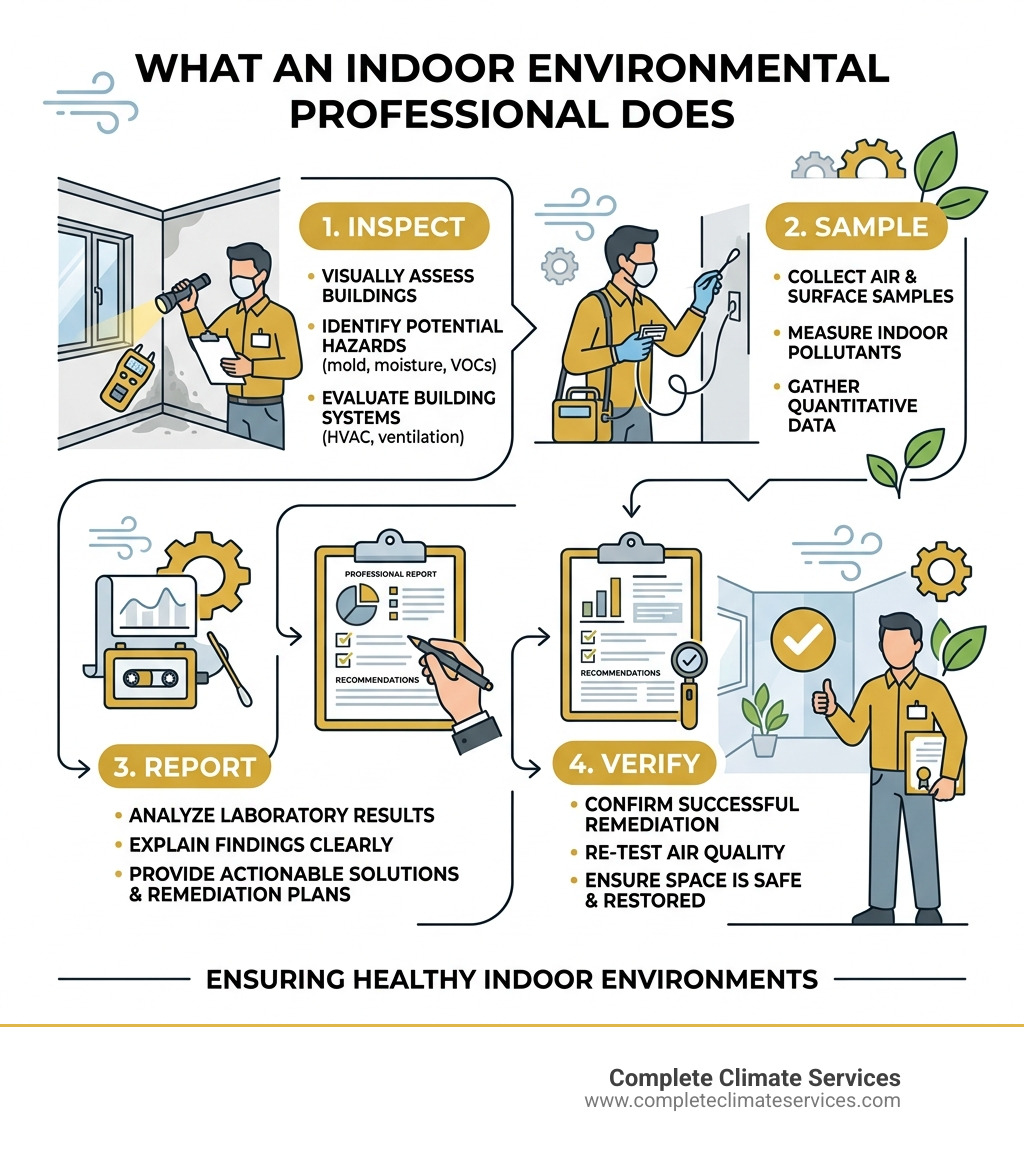 Infographic showing what an indoor environmental professional does: inspect, sample, report, and verify indoor air quality
