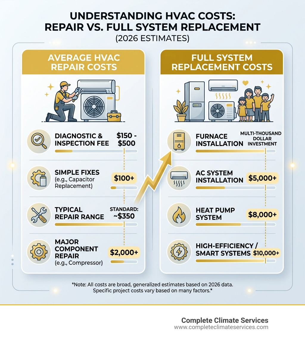 Table comparing average HVAC repair costs vs. full system replacement costs - top rated hvac companies near me infographic 