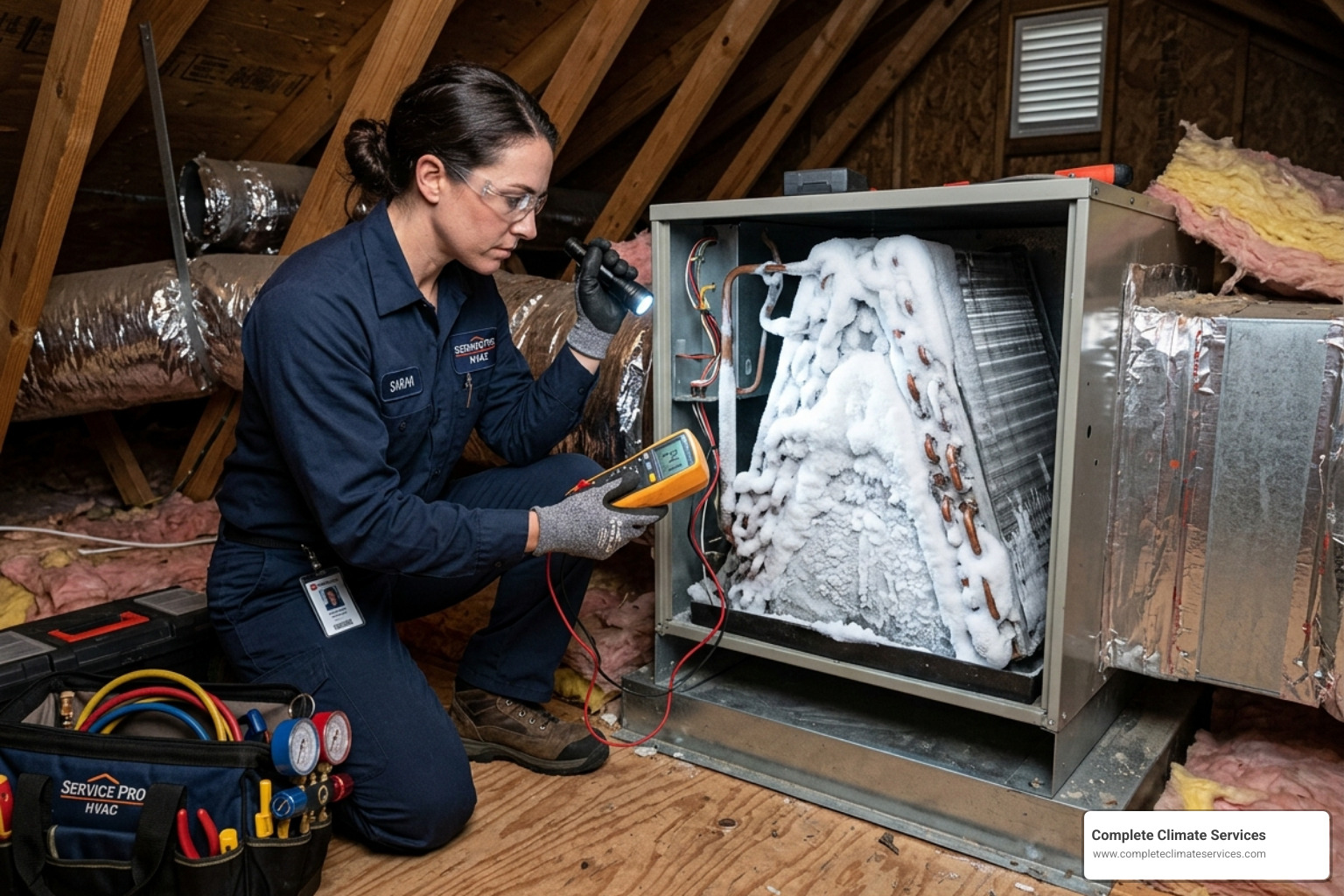 Technician inspecting a frozen evaporator coil - hvac repair columbia