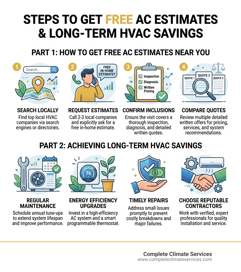 Infographic showing steps to get free AC estimates and long-term savings on HVAC costs - free ac estimates near me