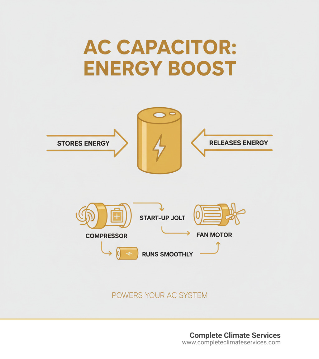 infographic showing how an AC capacitor stores and releases energy to start compressor and fan motors - ac capacitor infographic showing how an AC capacitor stores and releases energy to start compressor and fan motors - ac capacitor