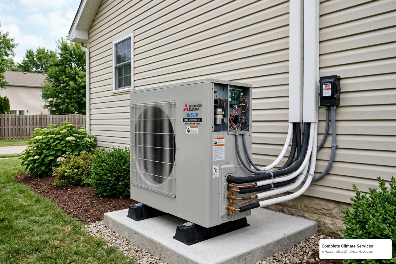 Multi-zone outdoor condenser unit connected to multiple refrigerant lines - ductless hvac installation