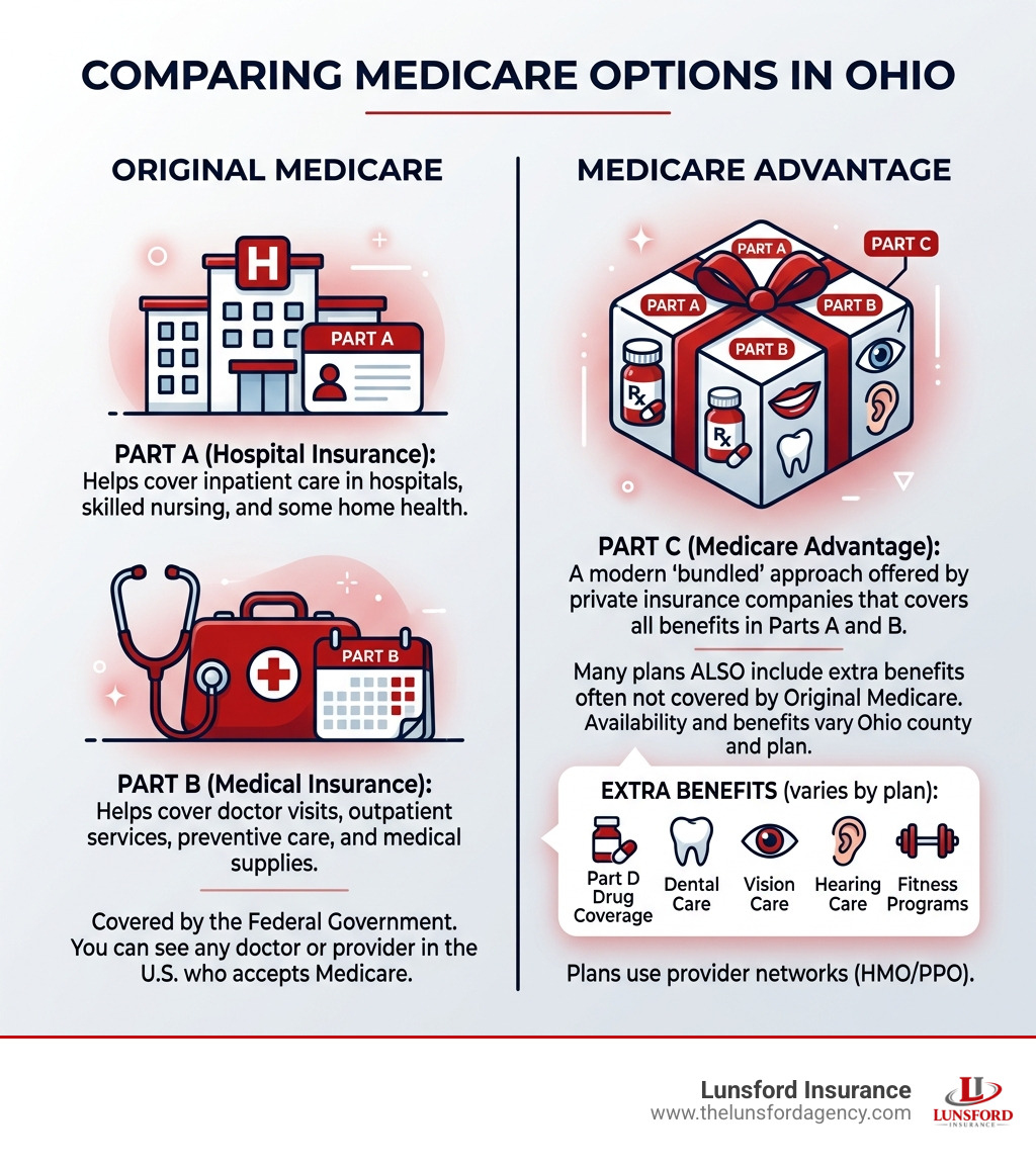 Infographic comparing Original Medicare vs Medicare Advantage: Part A and B vs bundled benefits plus extras - affordable