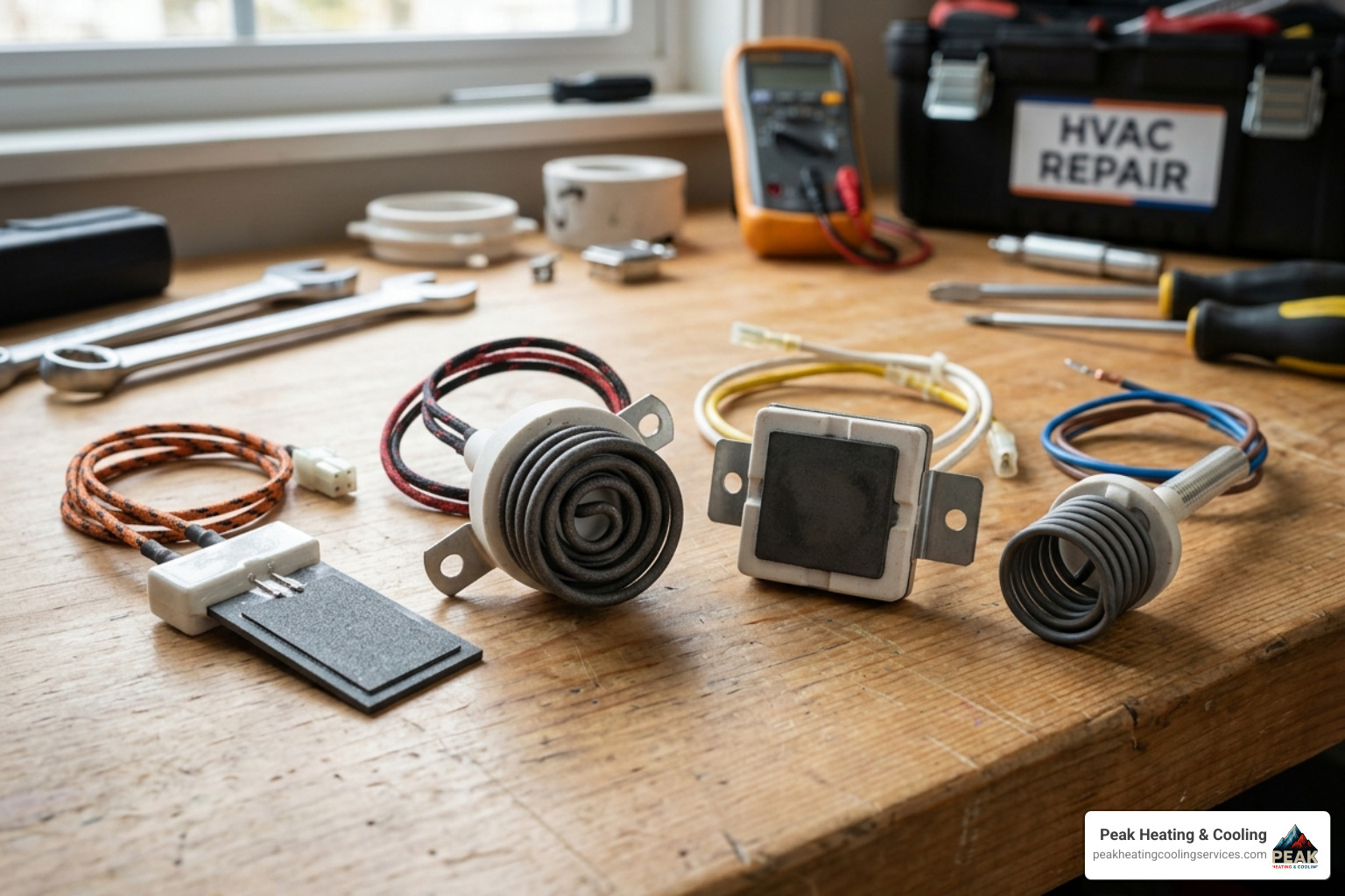 Close-up of different furnace ignitor styles including flat and round surface models - furnace ignitor replacement near me
