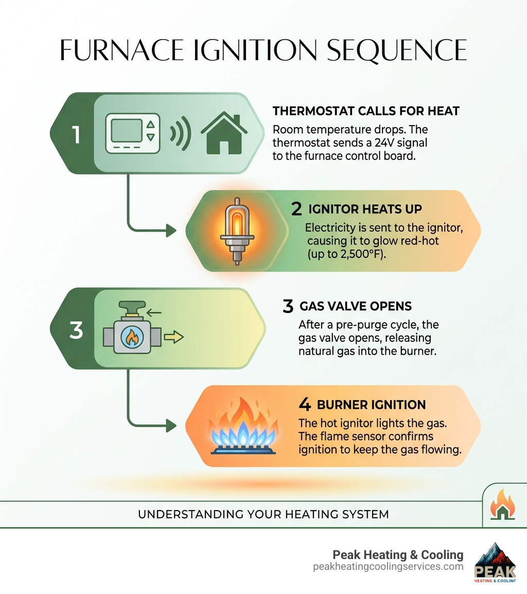 Furnace ignition sequence infographic showing thermostat signal, ignitor heating, gas valve opening, and burner flame