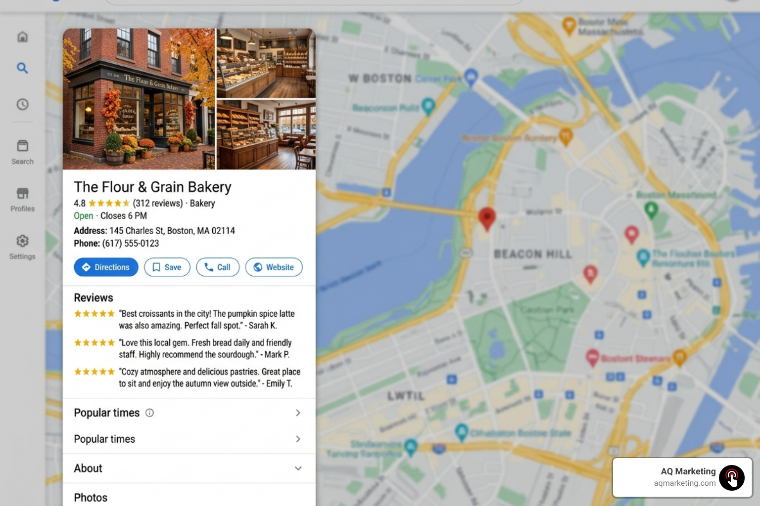Well-optimized Google Business Profile listing with photos and reviews, showing a local business in Boston - improve local Well-optimized Google Business Profile listing with photos and reviews, showing a local business in Boston - improve local