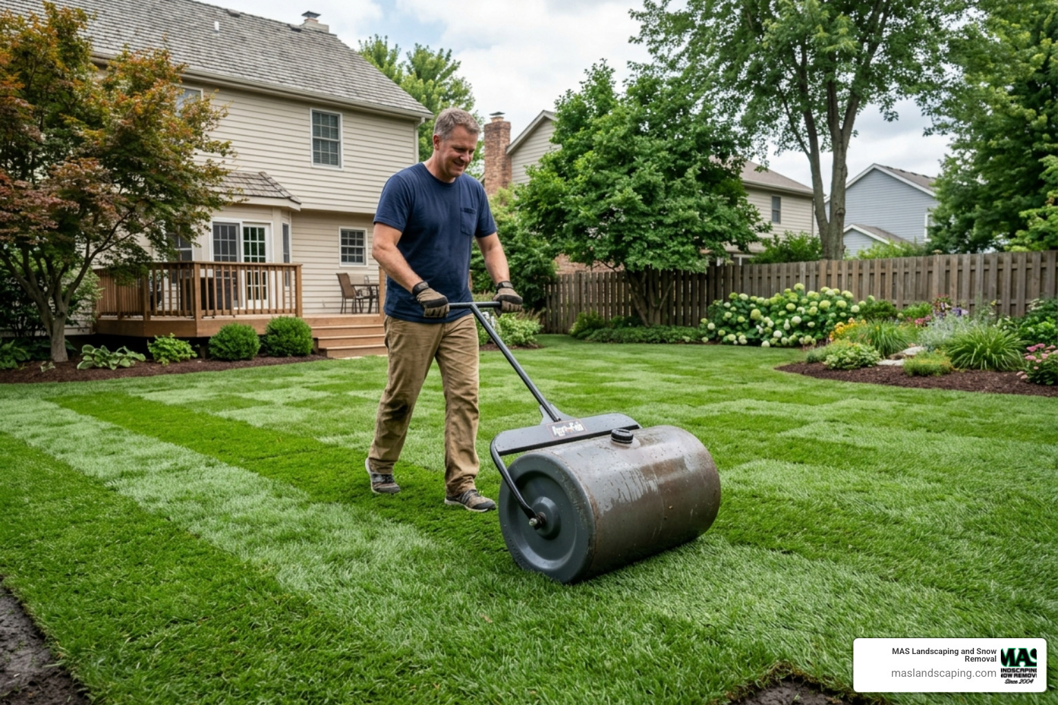 sod being rolled with a water-filled roller - best-rated sod installation guide