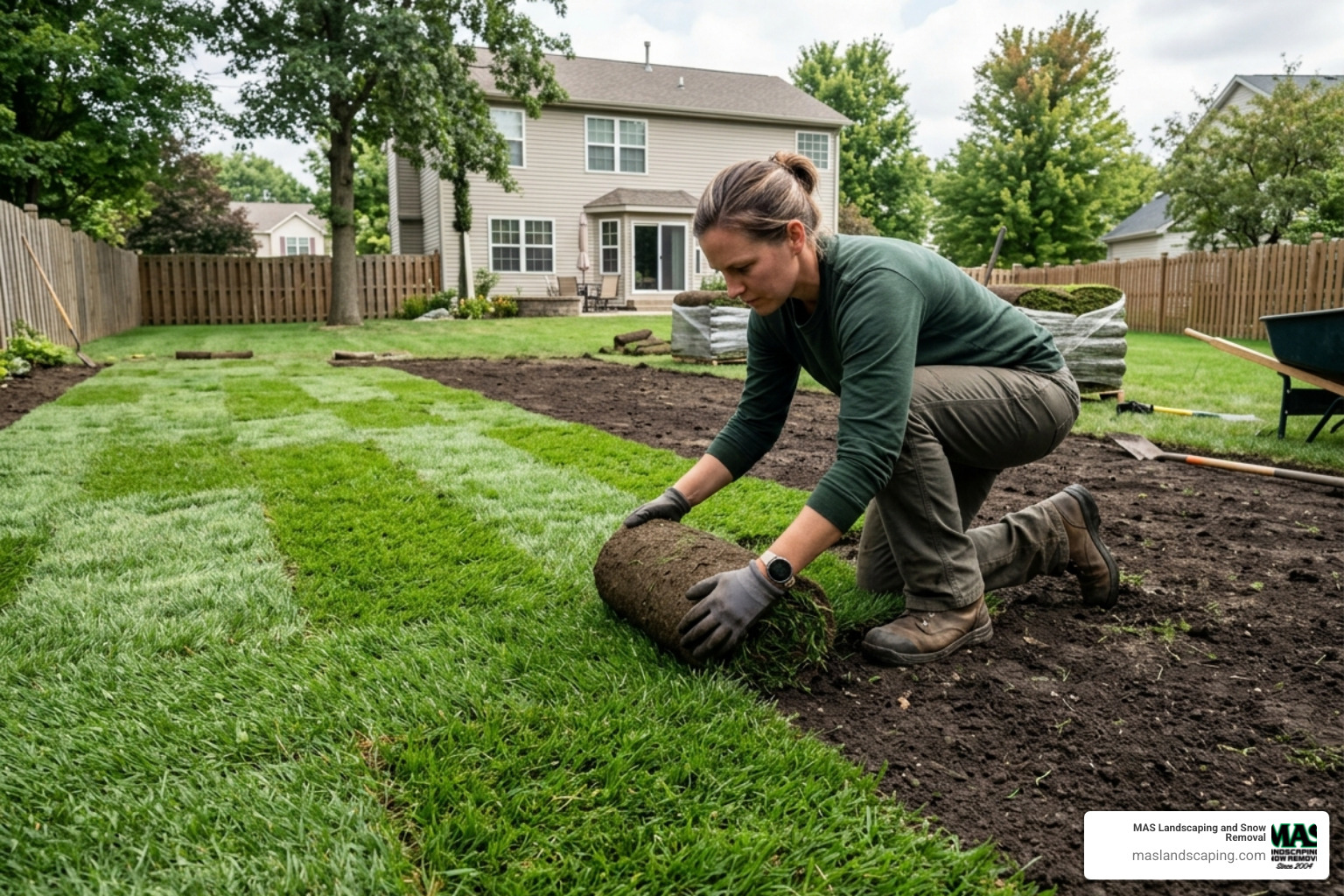 A person kneeling, carefully unrolling a strip of sod and butting it against a previously laid strip, showing the brick-like A person kneeling, carefully unrolling a strip of sod and butting it against a previously laid strip, showing the brick-like