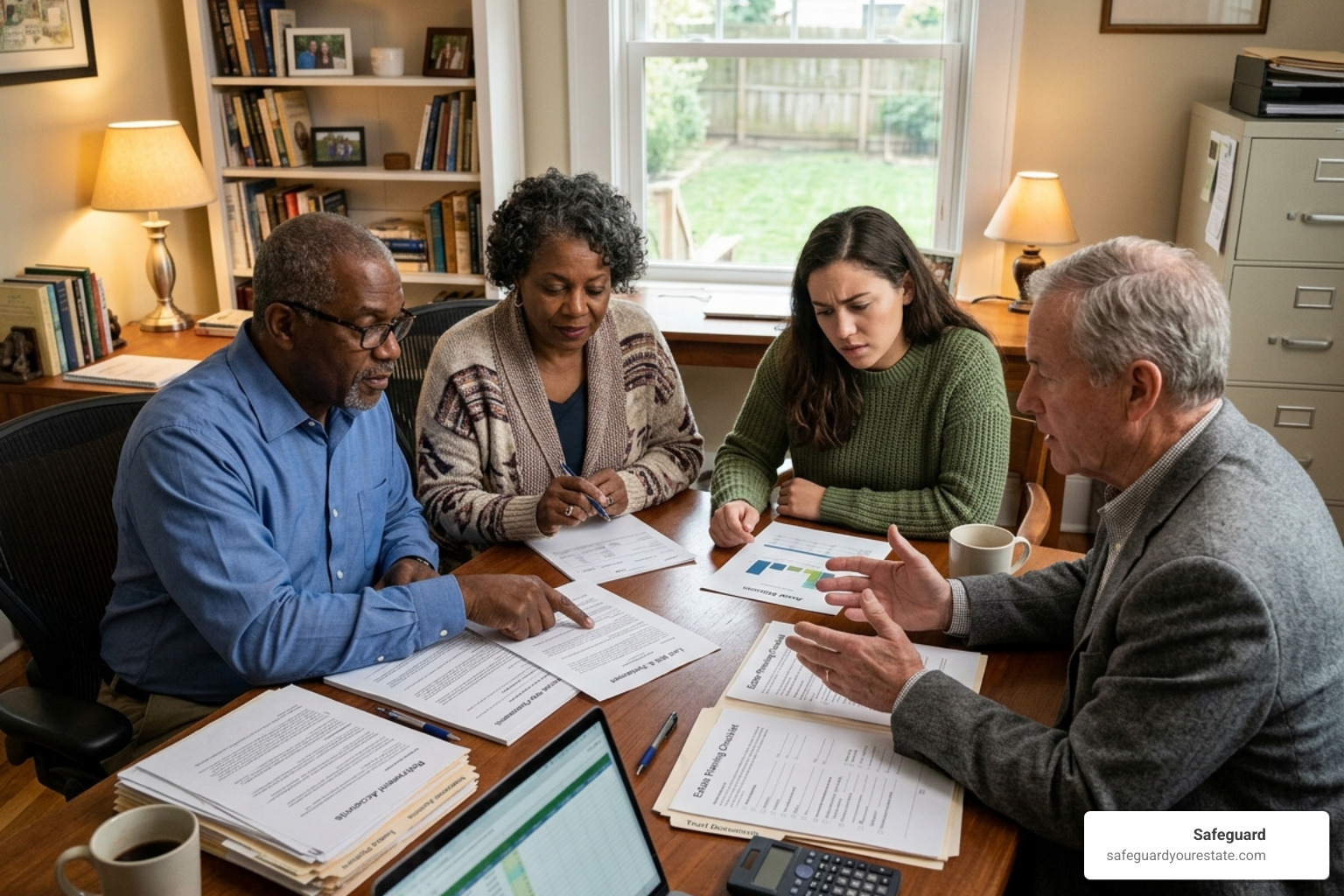 An Arizona family reviewing living trust bank account documents with an estate planning professional An Arizona family reviewing living trust bank account documents with an estate planning professional