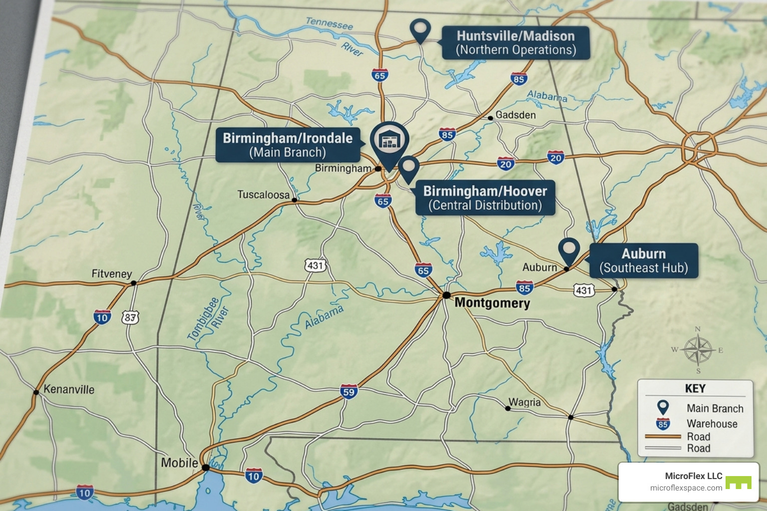 A map of Alabama with MicroFlex locations clearly marked in Irondale/Birmingham, Auburn, Hoover/Birmingham, and A map of Alabama with MicroFlex locations clearly marked in Irondale/Birmingham, Auburn, Hoover/Birmingham, and
