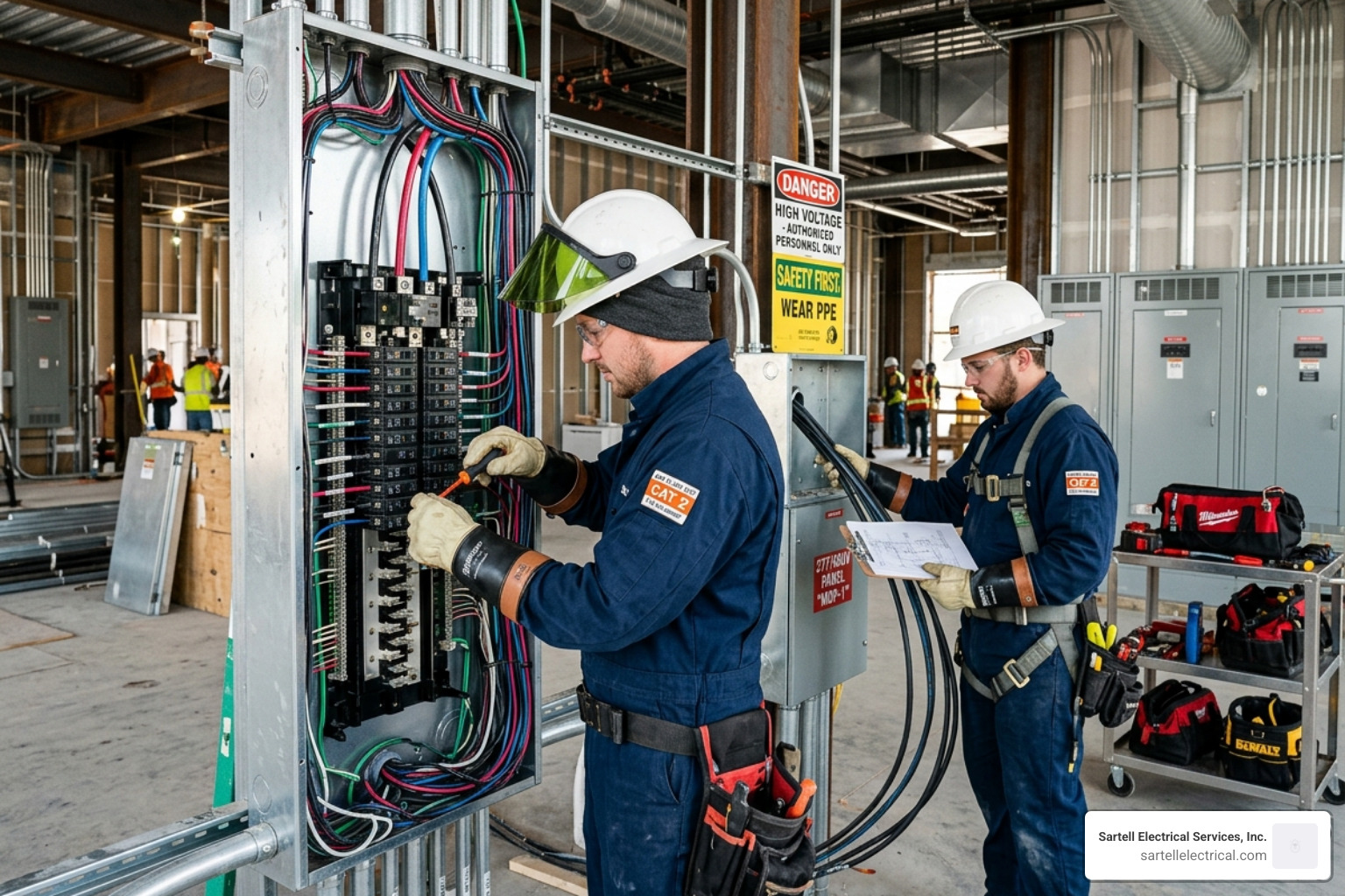 Electricians wearing PPE on a commercial job site - manage commercial electrical projects Electricians wearing PPE on a commercial job site - manage commercial electrical projects