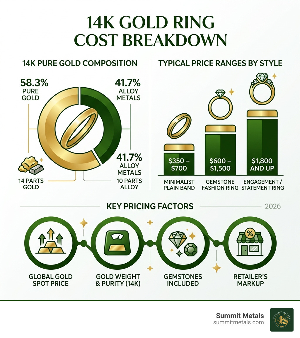 14k gold ring cost breakdown infographic: 58.3% pure gold, price ranges by style, and key pricing factors - 14 karat gold