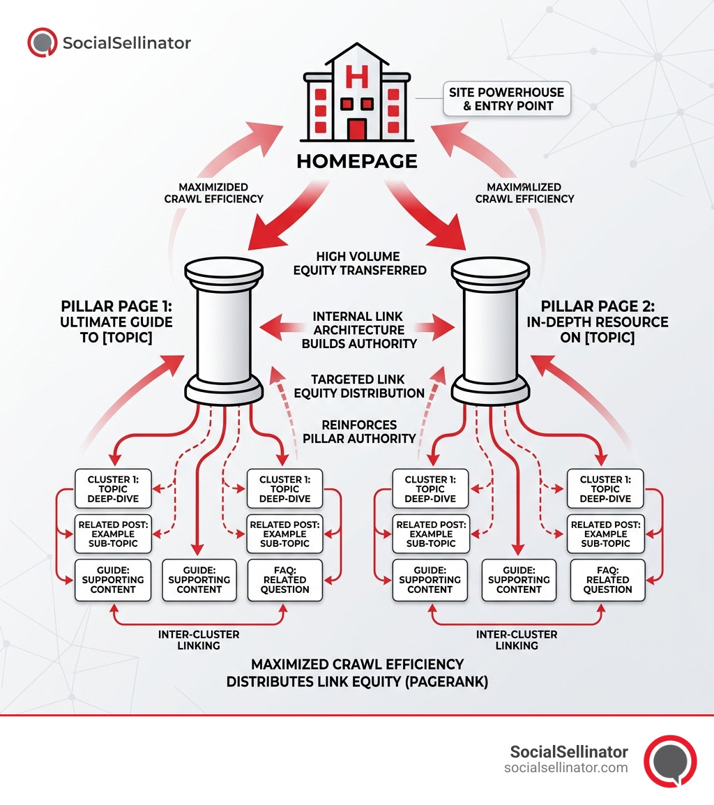 infographic showing link equity flow from homepage through pillar pages to cluster content - internal link in seo