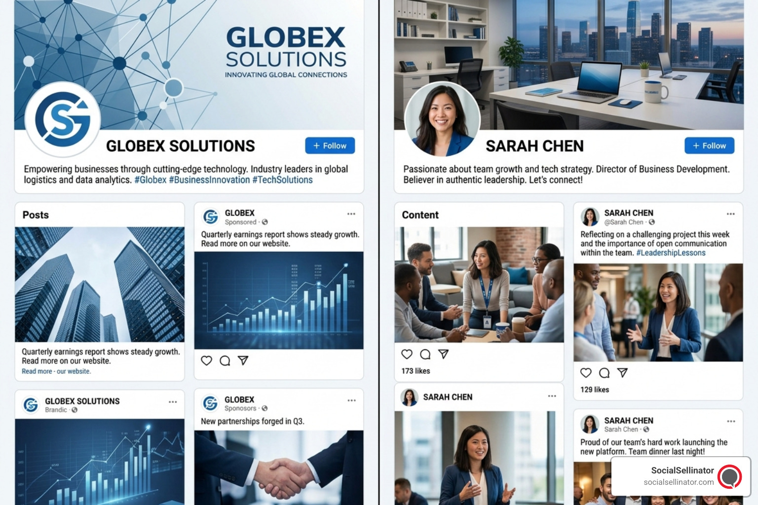 Comparison of business vs personal social media profiles highlighting the shift from corporate logos to human faces