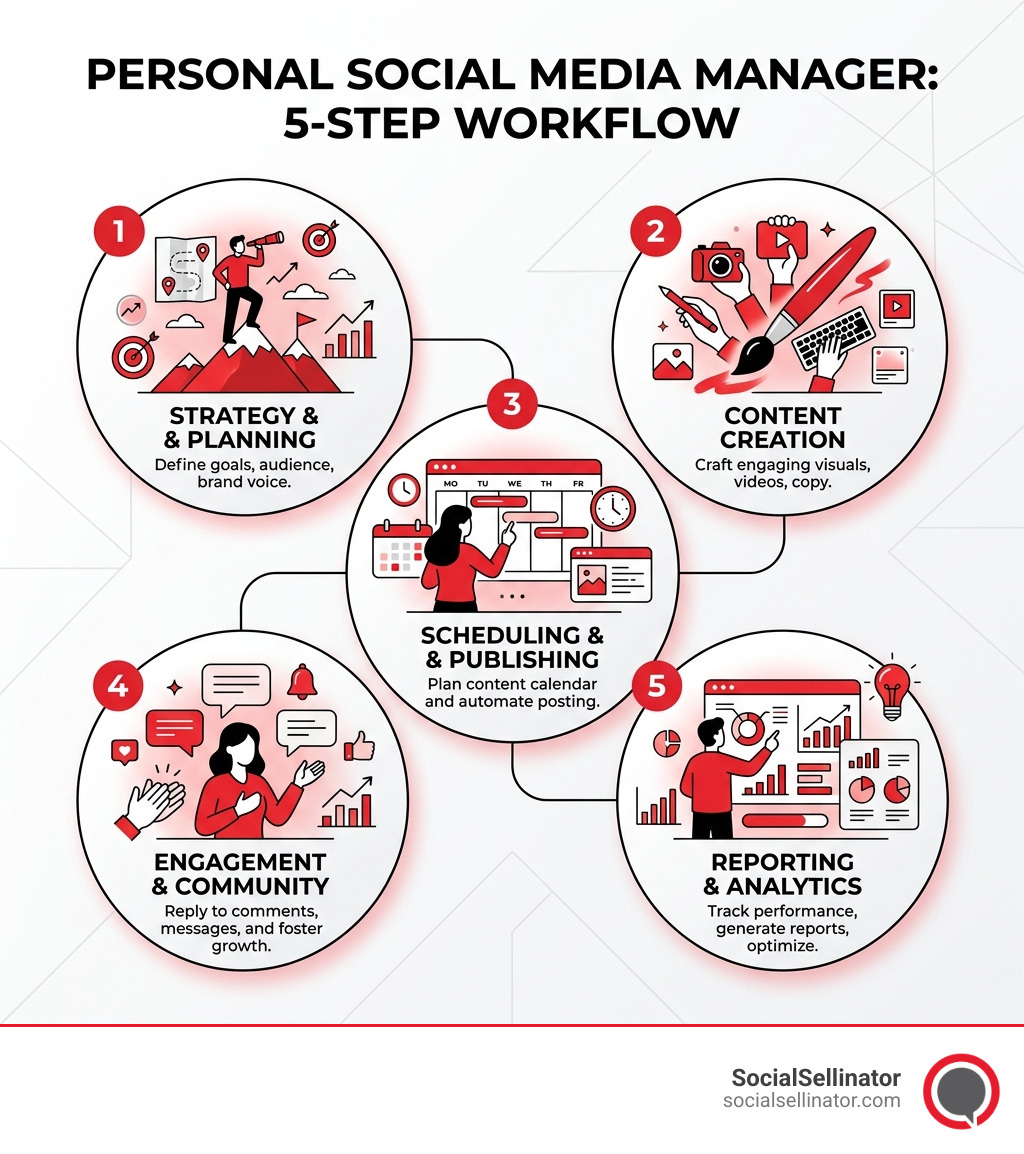 5-step workflow infographic of a personal social media manager covering strategy, content, scheduling, engagement, and