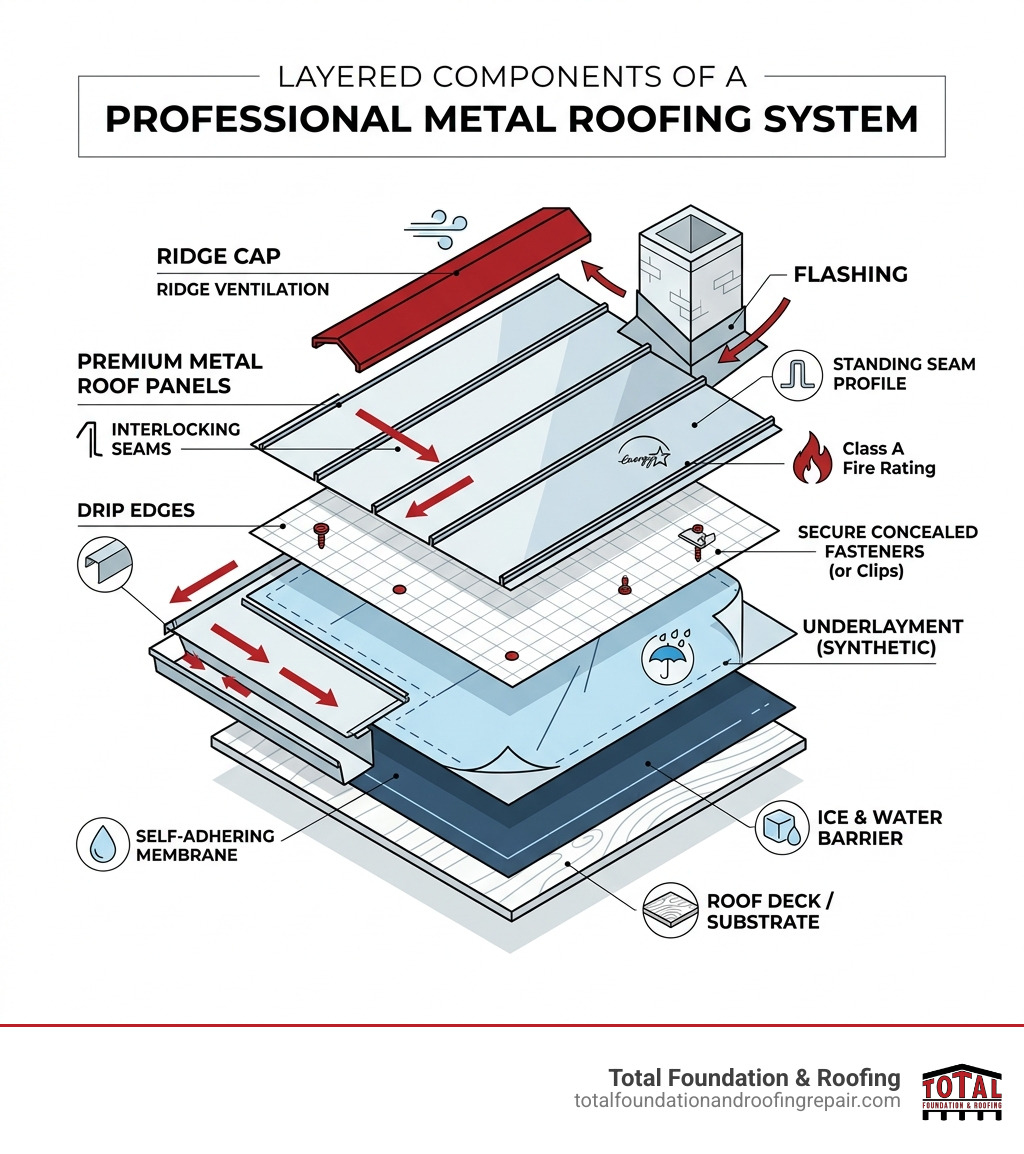 Layered components of a professional metal roofing system infographic - expert metal roof installation infographic 