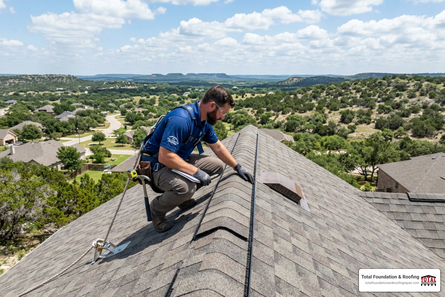 professional roofer inspecting a roof ridge in Kerrville - asphalt shingle fix kerrville