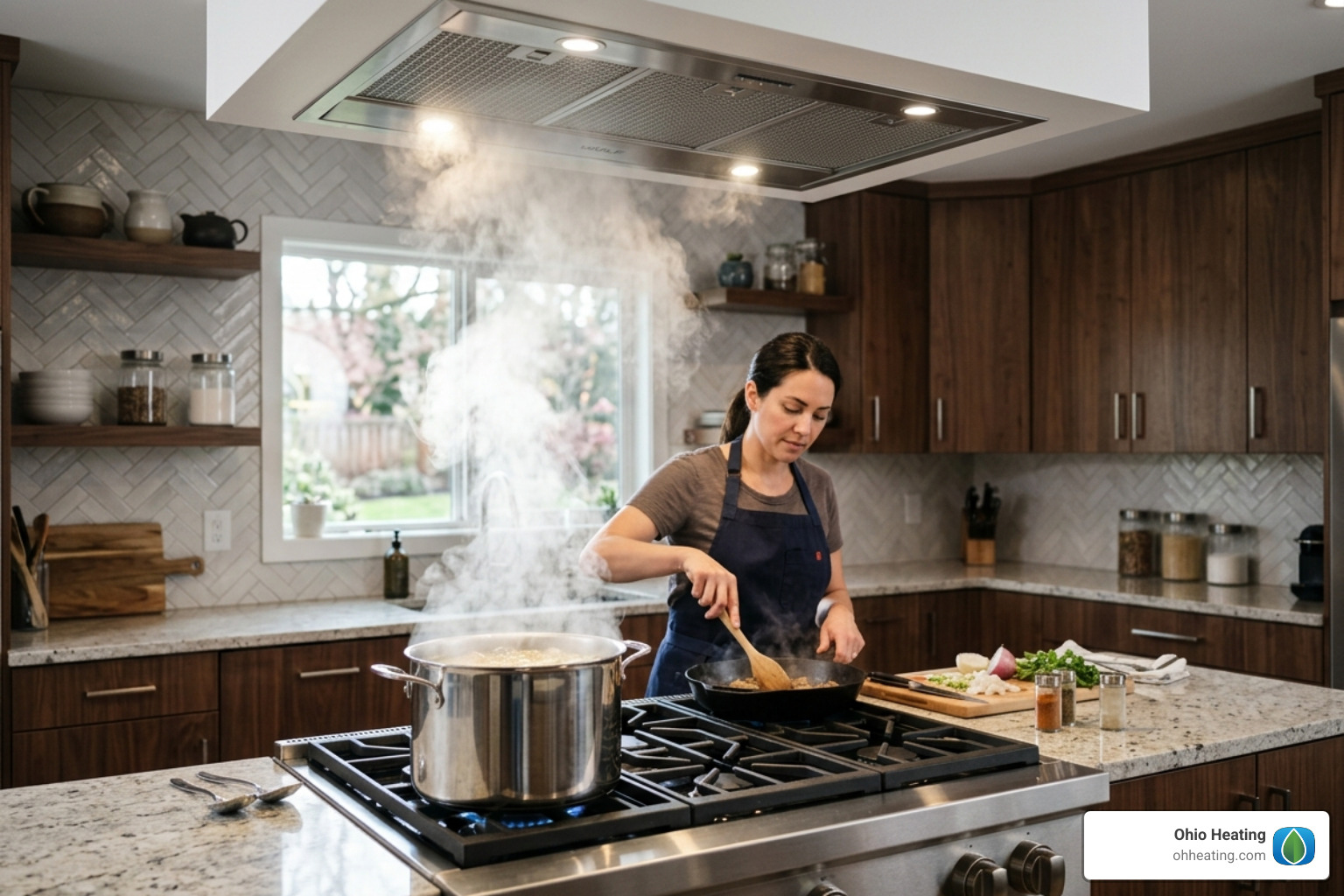 Steam rising from a professional cooktop into a sleek ceiling-mounted vent - ceiling kitchen exhaust fan Steam rising from a professional cooktop into a sleek ceiling-mounted vent - ceiling kitchen exhaust fan