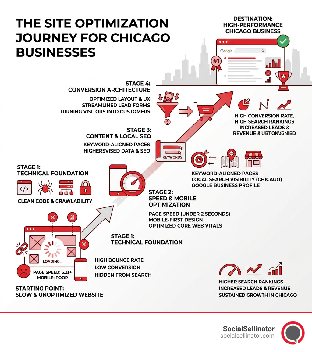 Infographic showing the site optimization journey from slow unoptimized website to high-ranking high-conversion Chicago
