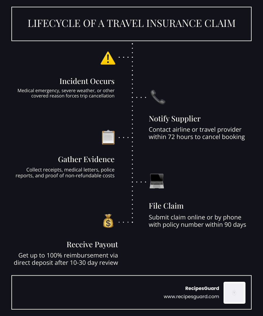 Lifecycle of a travel insurance claim from incident to payout infographic - how cancel trip claim infographic