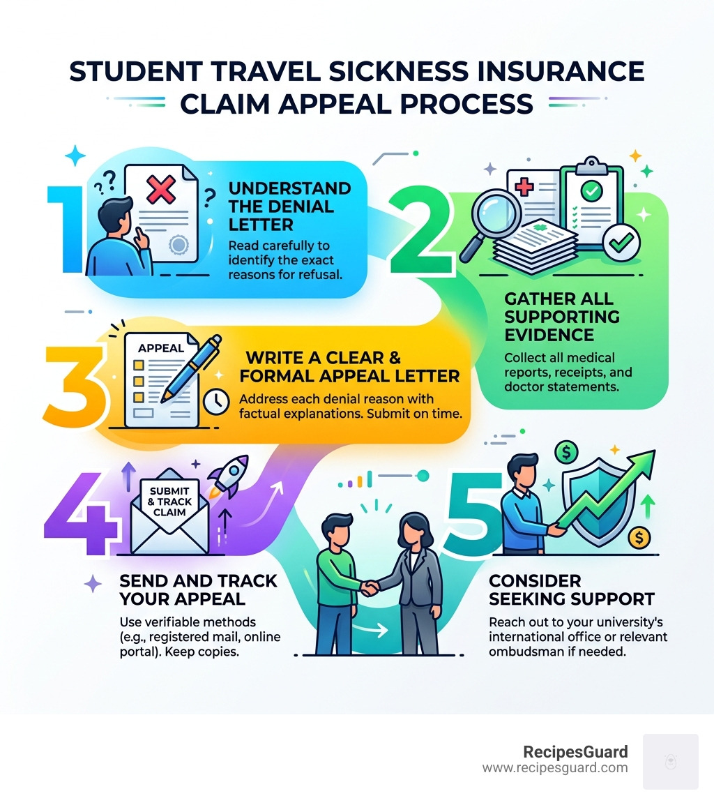 5-step travel sickness insurance claim appeal process for students - travel sickness insurance claim infographic 