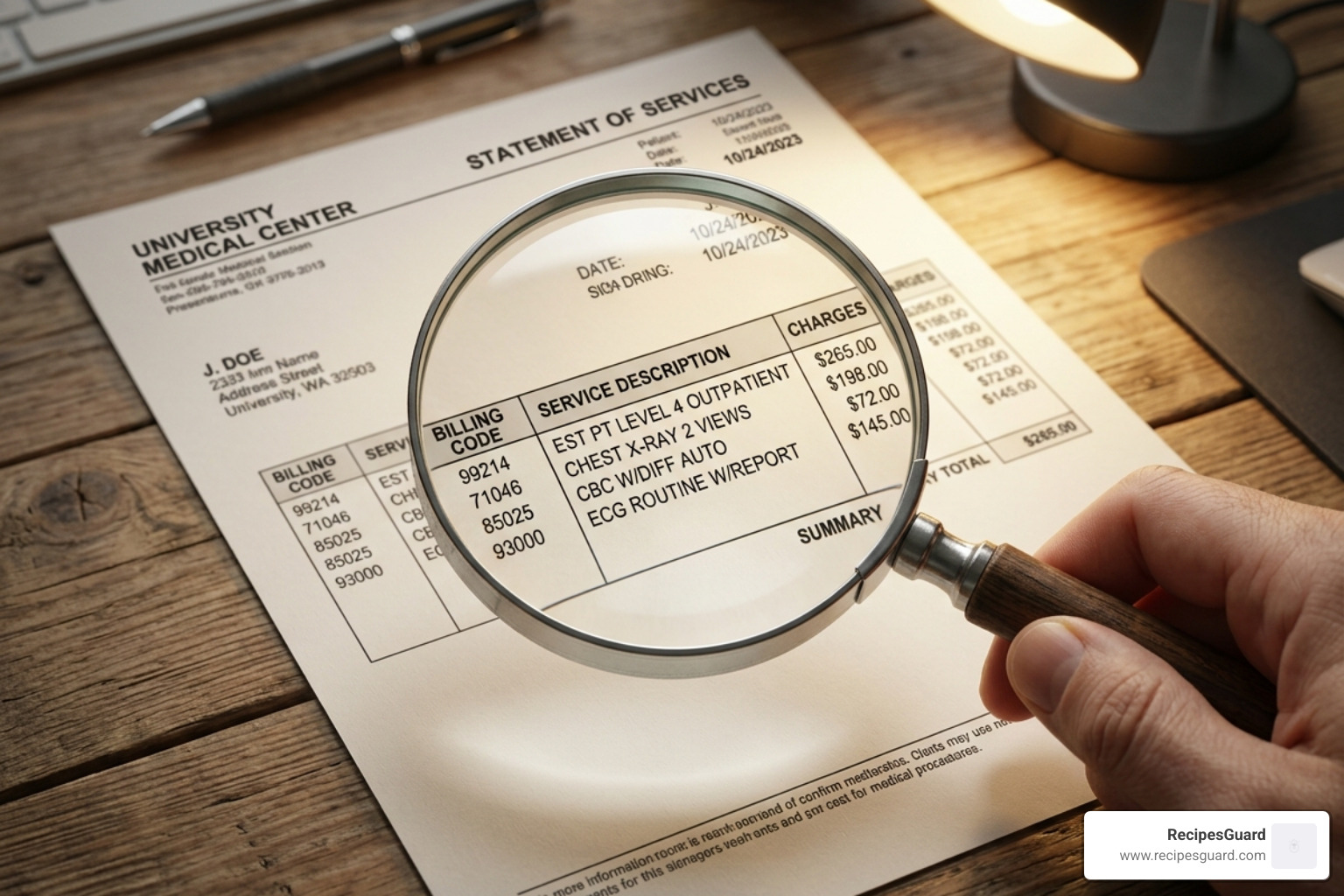 magnifying glass over an itemized medical statement highlighting codes and descriptions - medical bill dispute guide