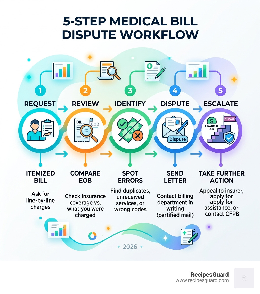 5-step medical bill dispute workflow showing request, review, identify, dispute, and escalate stages - medical bill dispute